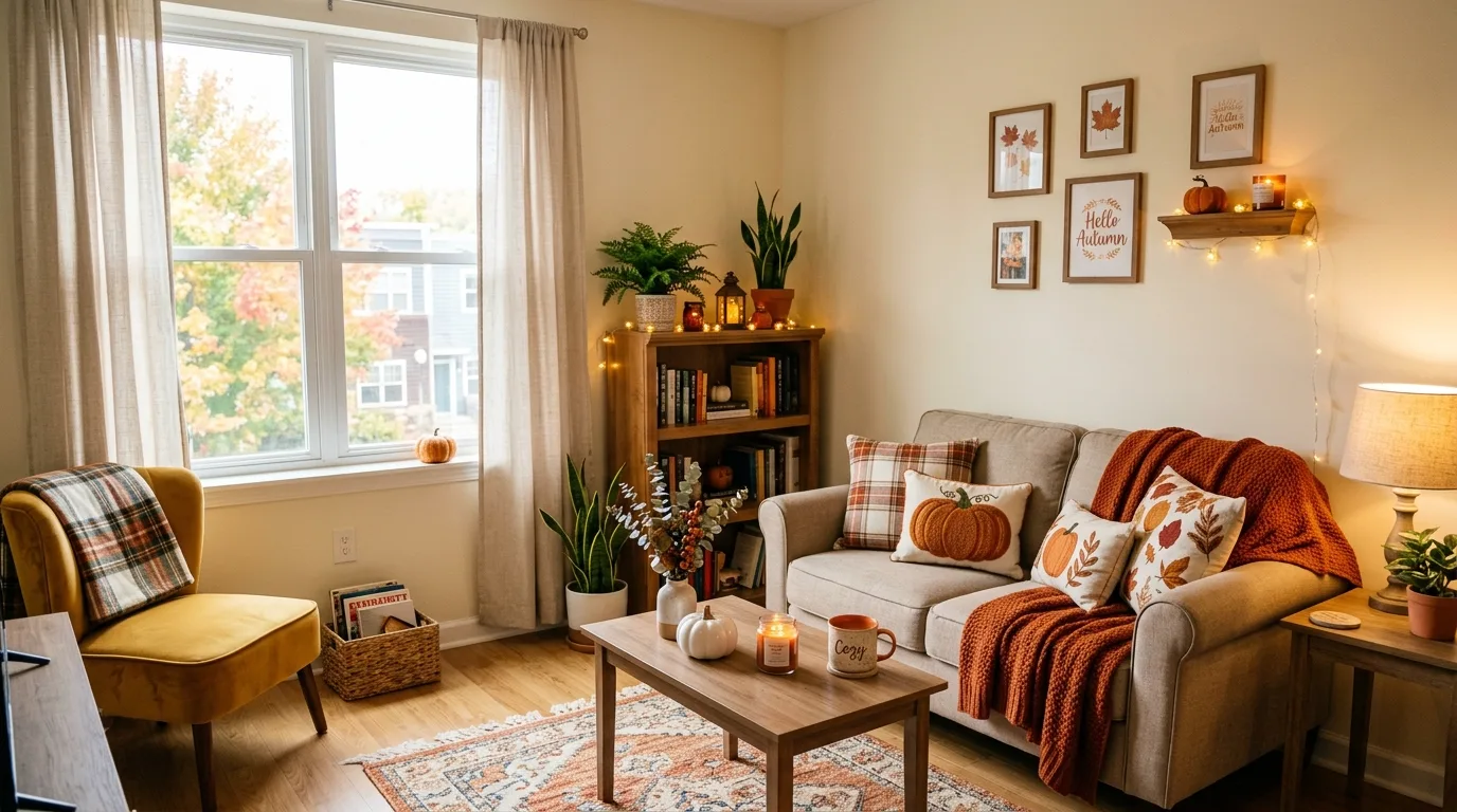 Small apartment living room decorated for fall with compact furniture and warm textiles