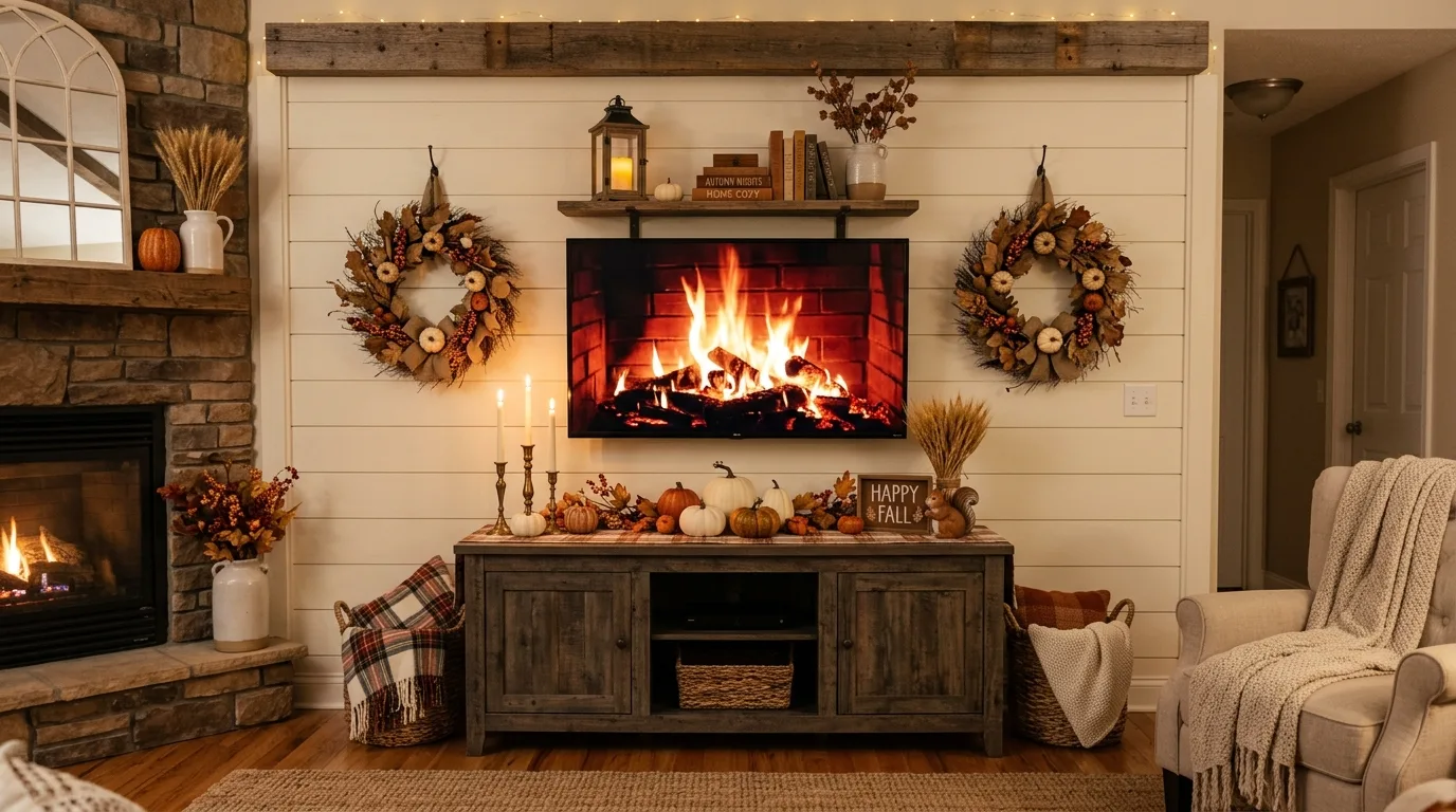 Farmhouse-style TV wall with fall wreaths, candles, and pumpkins