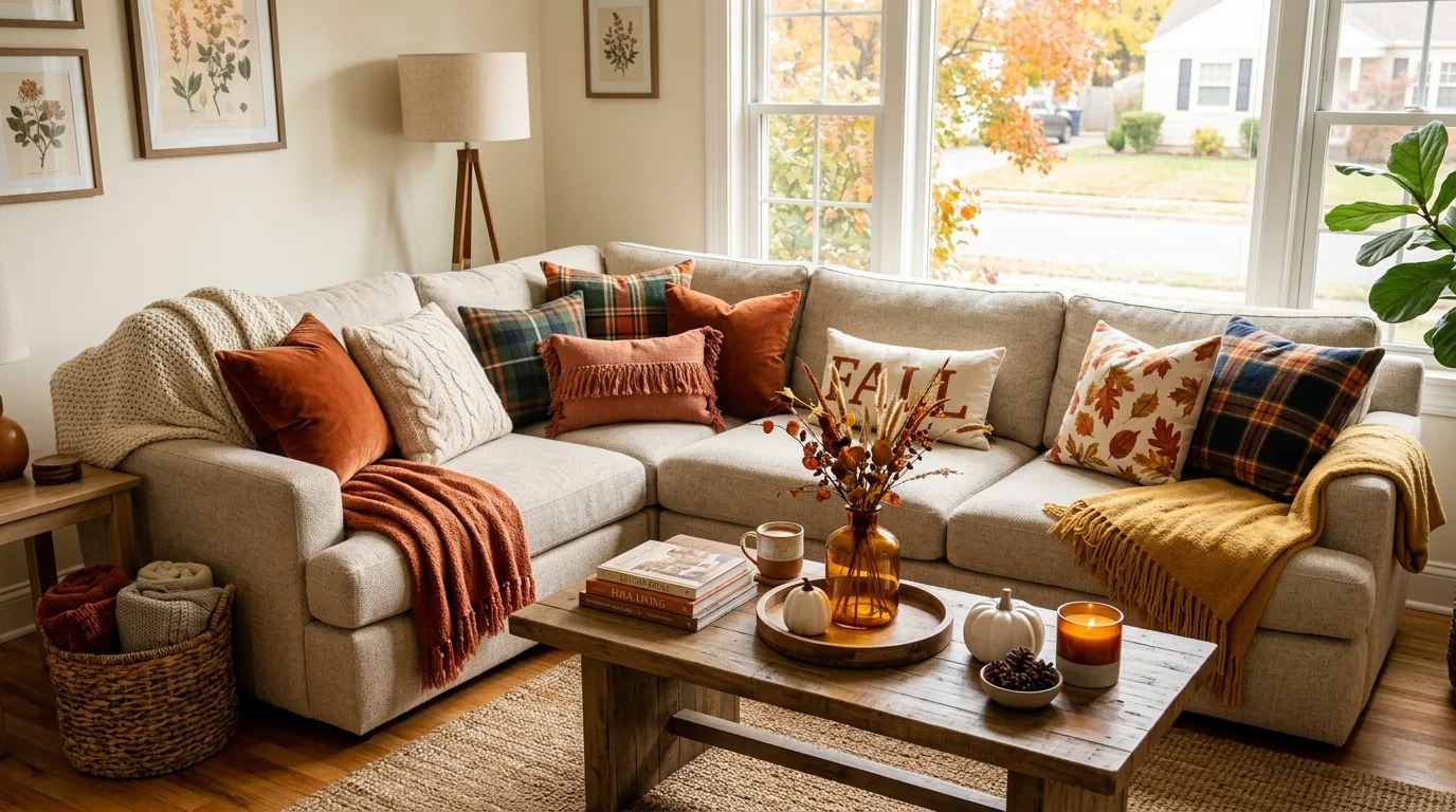Sectional sofa decorated with layered fall pillows and throws