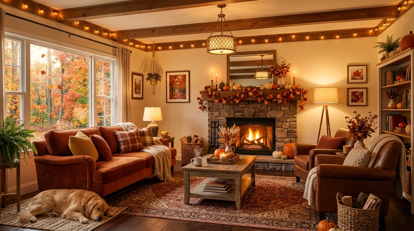 Wide-angle fall living room with layered lighting and balanced seasonal decor