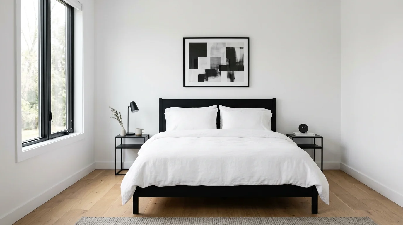 Minimal black and white bedroom with matte black bed and abstract artwork
