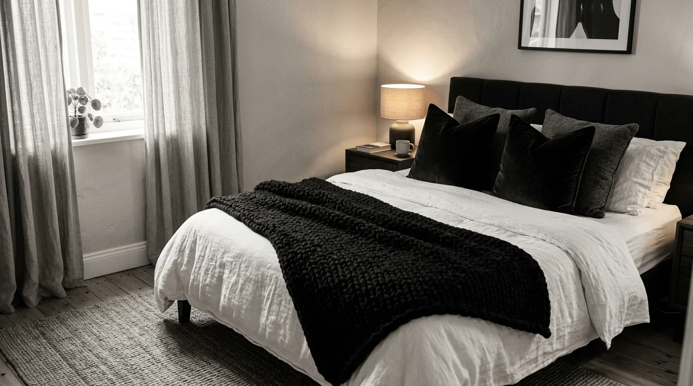 Cozy black and white bedroom with layered textures, knit throw, velvet pillows, and woven rug