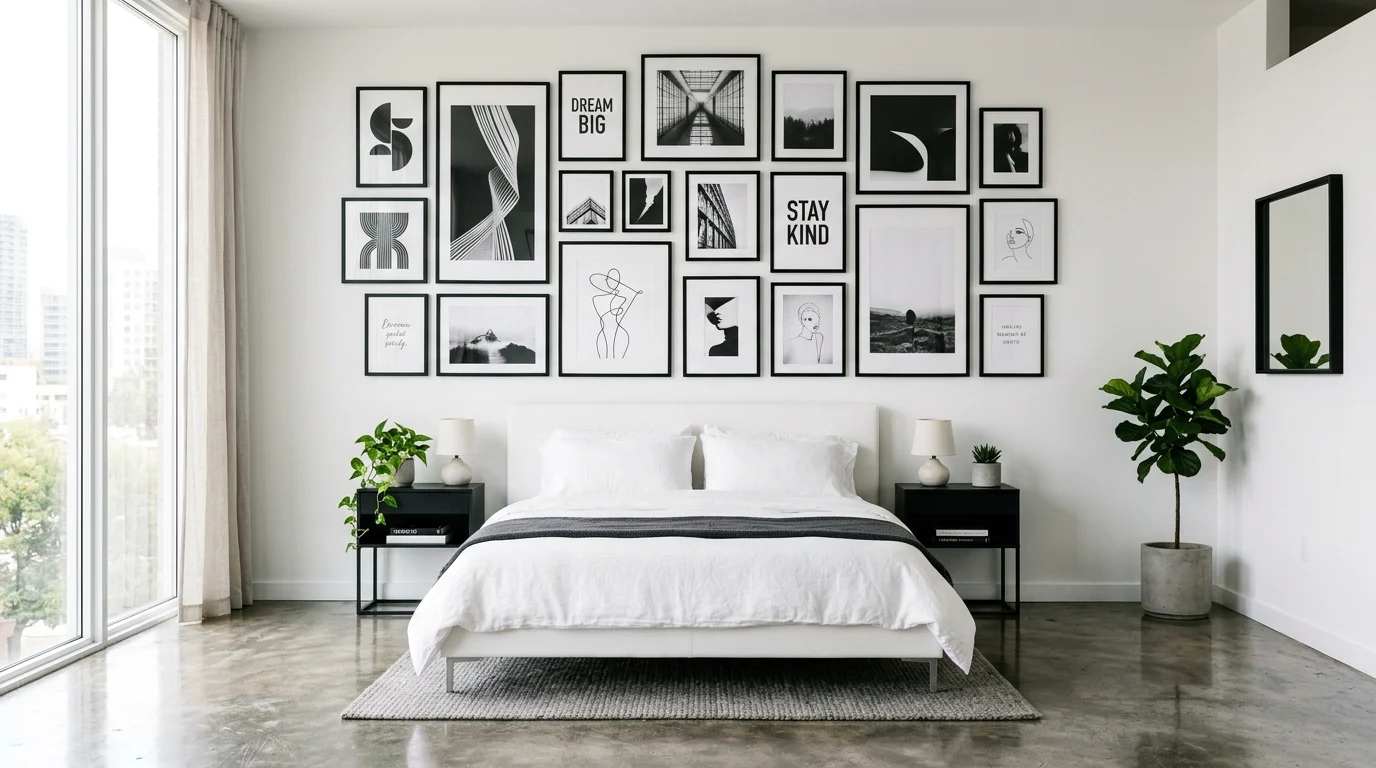 Modern black and white bedroom with gallery wall of monochrome prints