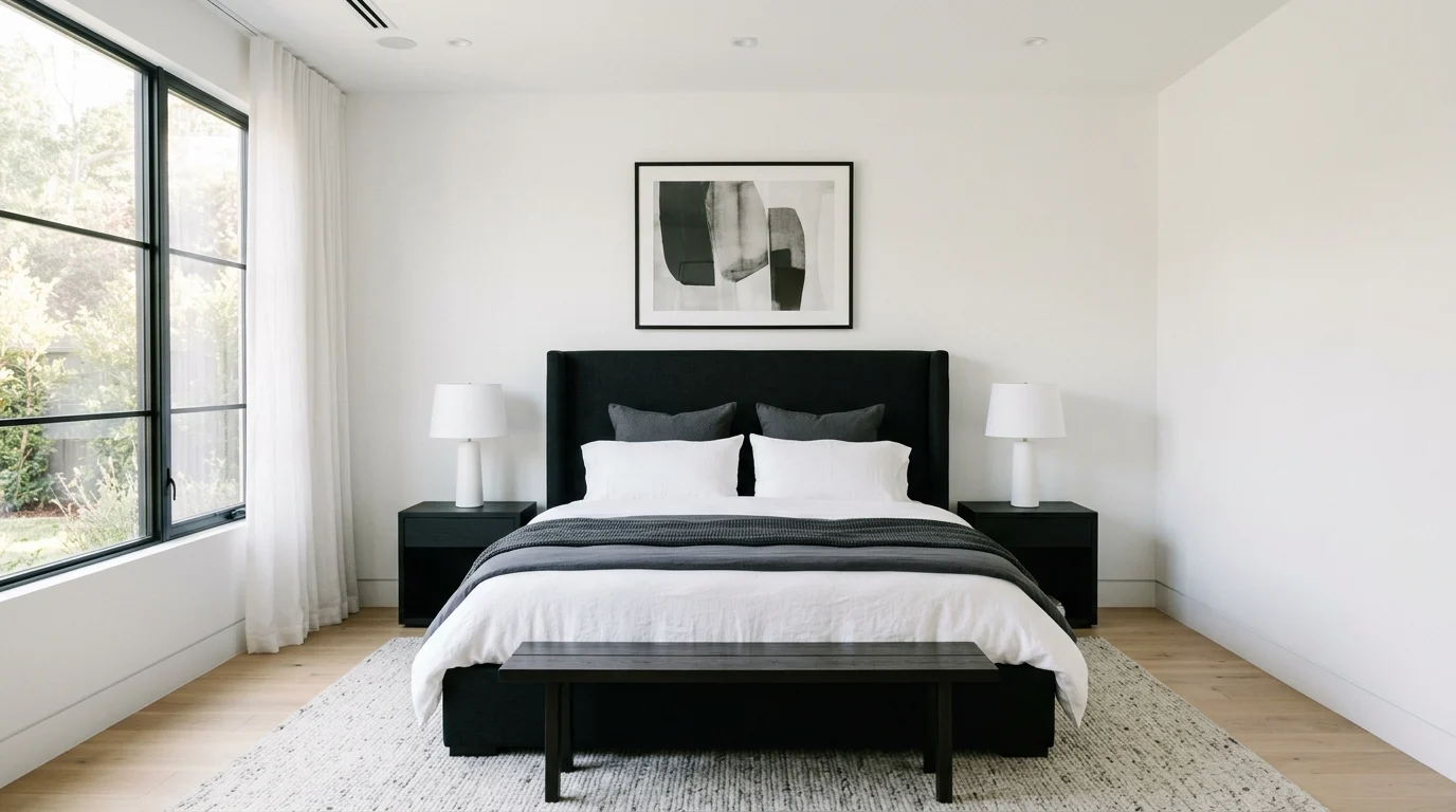Bedroom with bold black upholstered bed, white walls, and black bedside tables