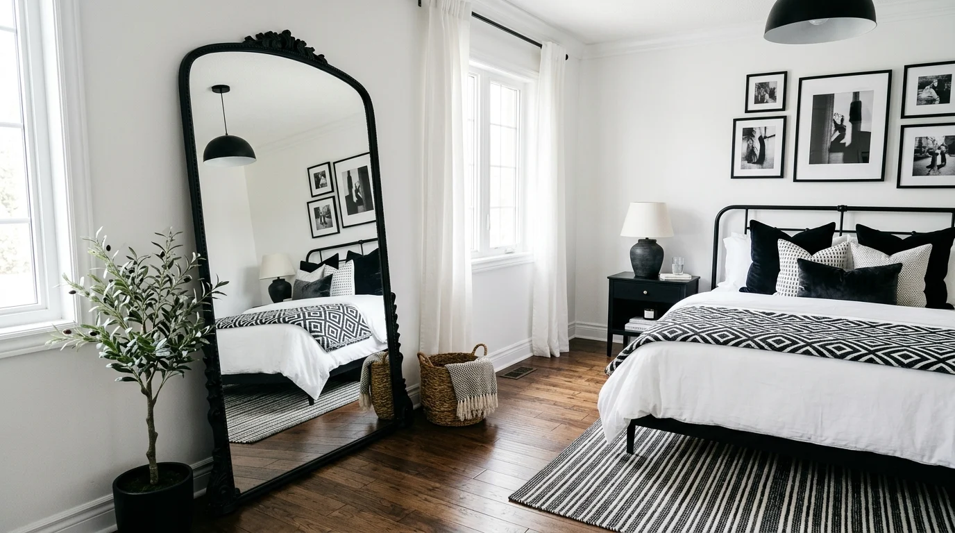 Black and white bedroom with floor mirror, monochrome bedding, and natural light