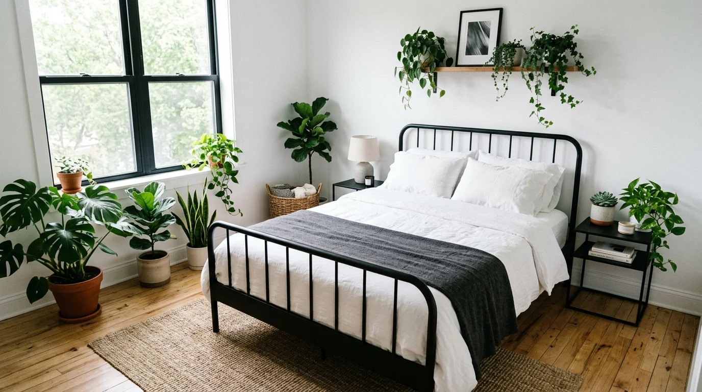 Black and white bedroom with indoor plants, black metal bed frame, and white walls