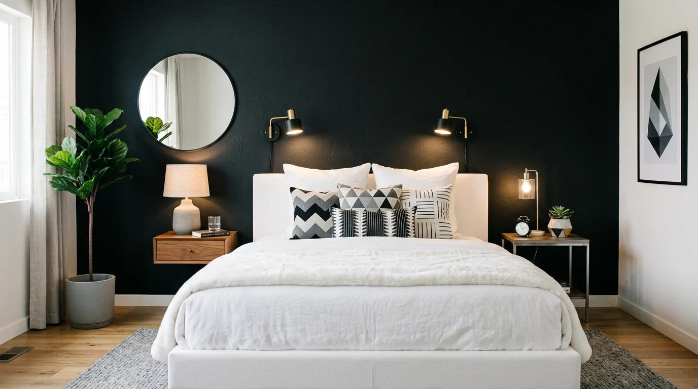 Contemporary bedroom with black accent wall behind white bed and geometric cushions
