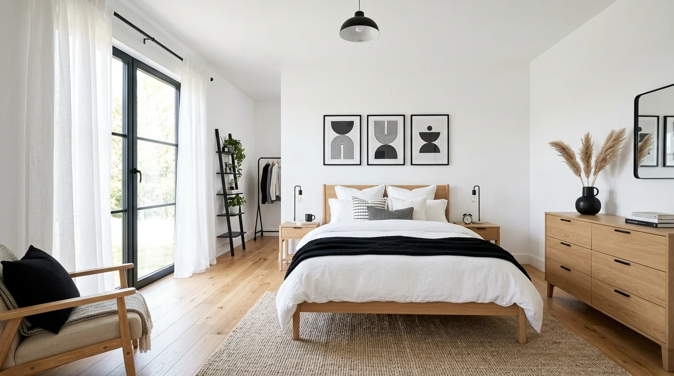Scandinavian black and white bedroom with light wood furniture and airy natural light