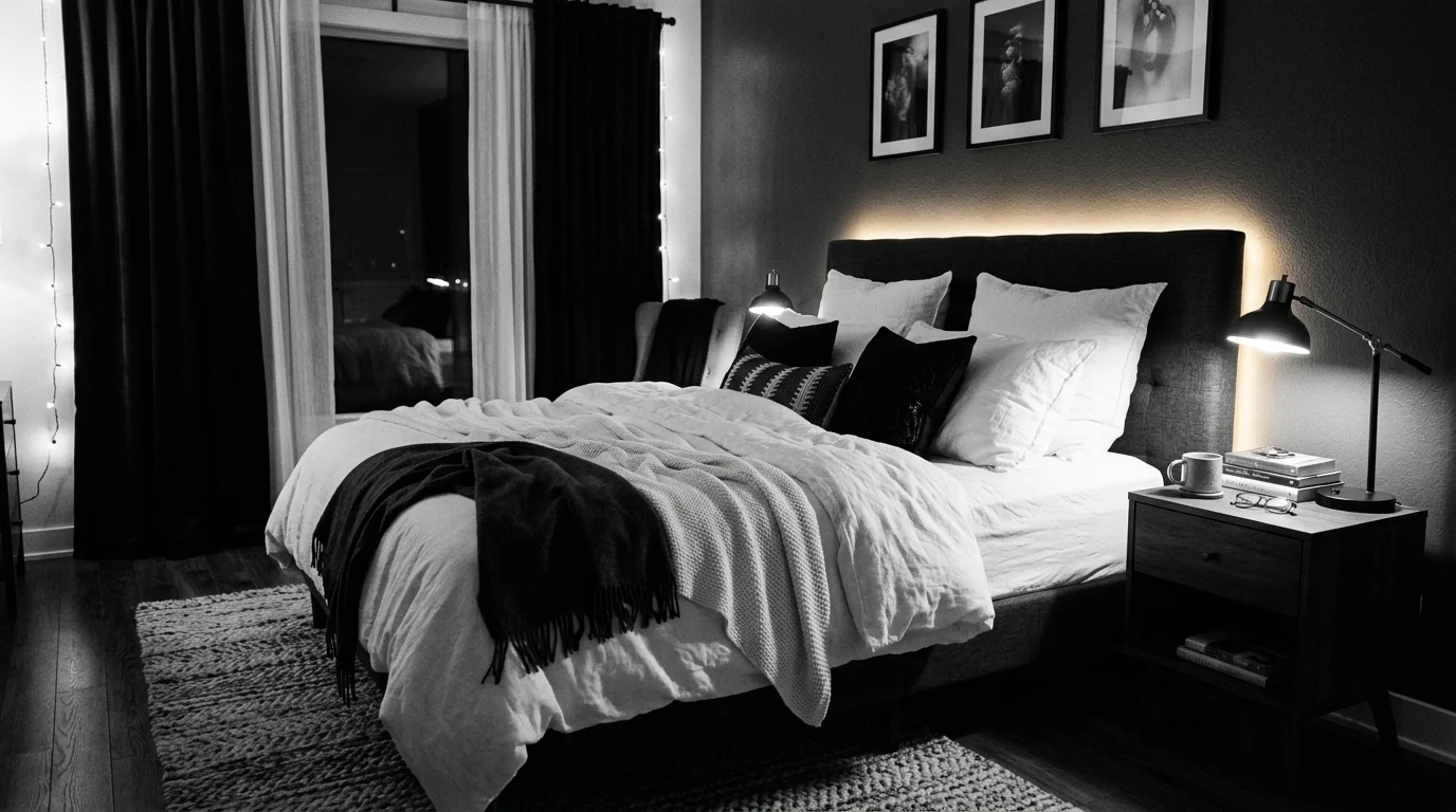 Softly lit black and white bedroom with bedside lamps and warm LED lighting