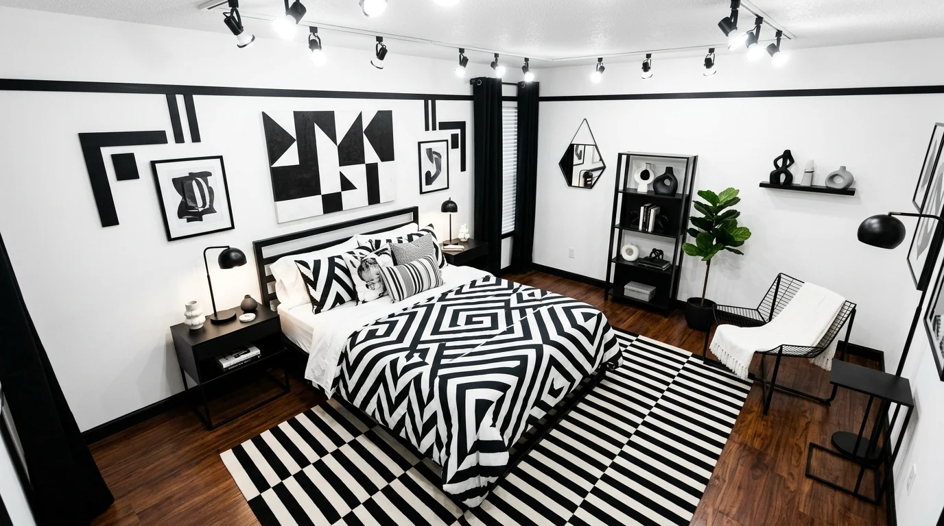 Bold black and white bedroom with geometric bedding and striped rug