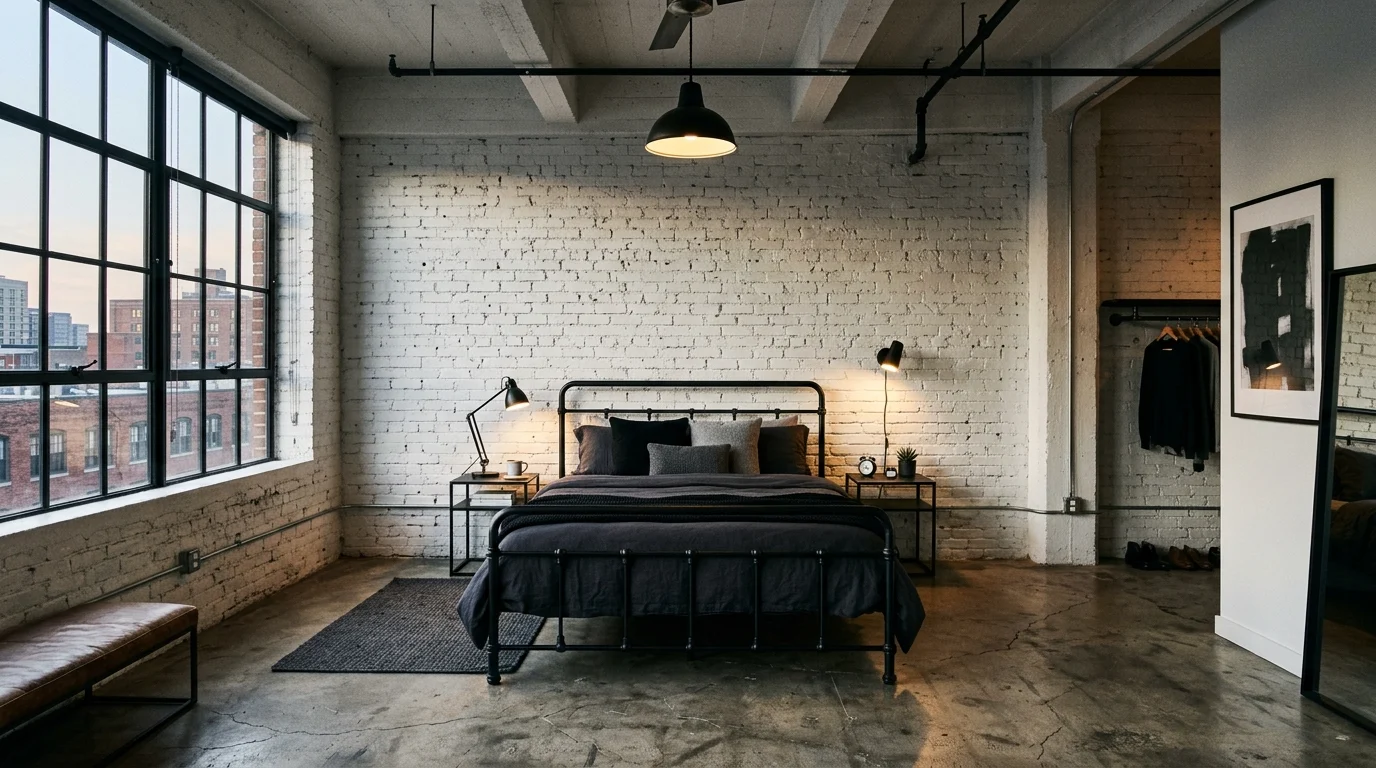 Industrial black and white bedroom with black metal bed frame and white painted brick wall