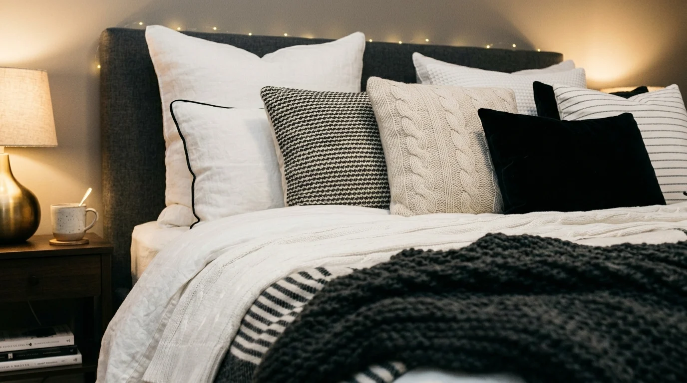 Cozy layered monochrome bedroom with textured throws, pillows, and rugs