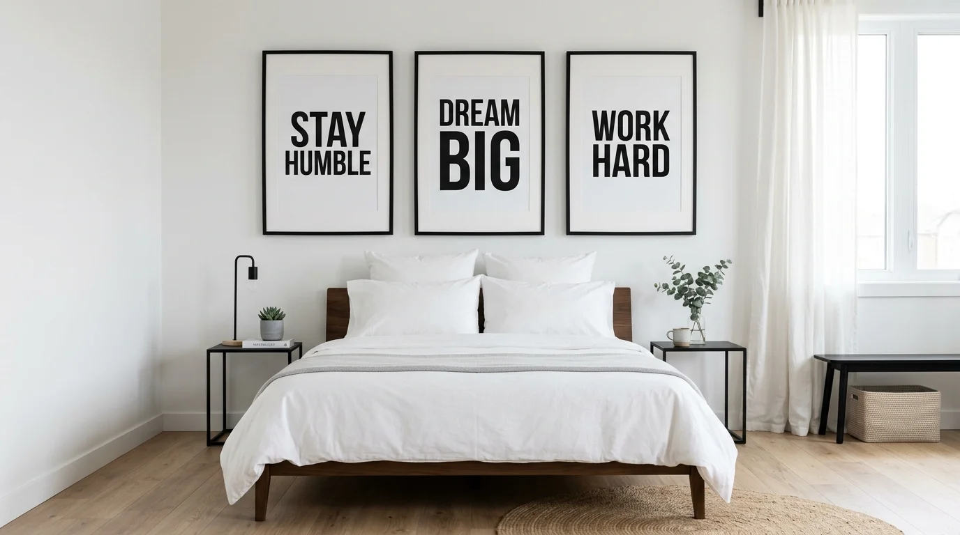 Modern black and white bedroom with typography wall art and simple bed styling