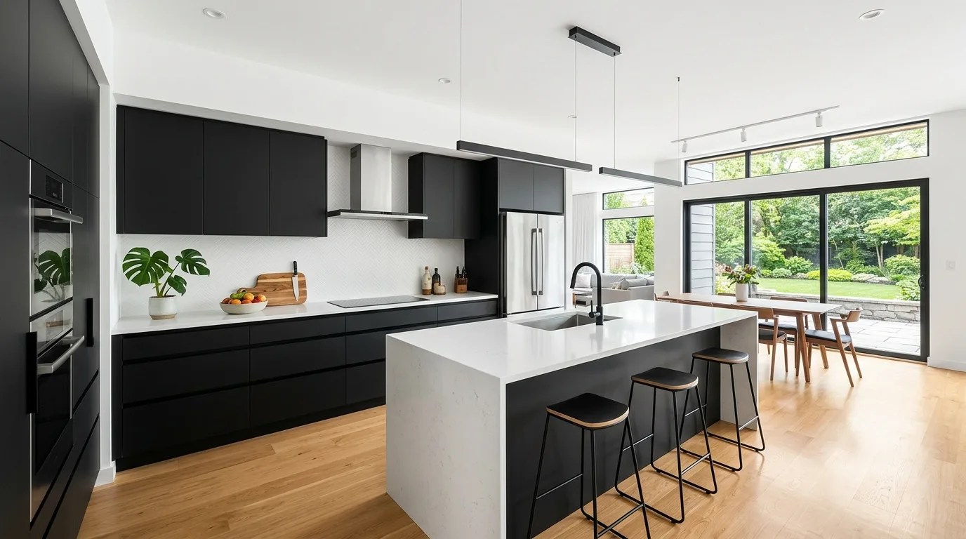 Modern kitchen with matte black cabinets and white quartz countertops