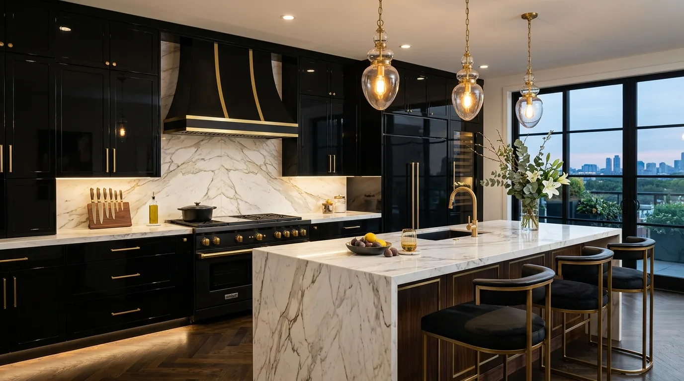 Luxury kitchen with glossy black cabinets, marble backsplash, and gold hardware