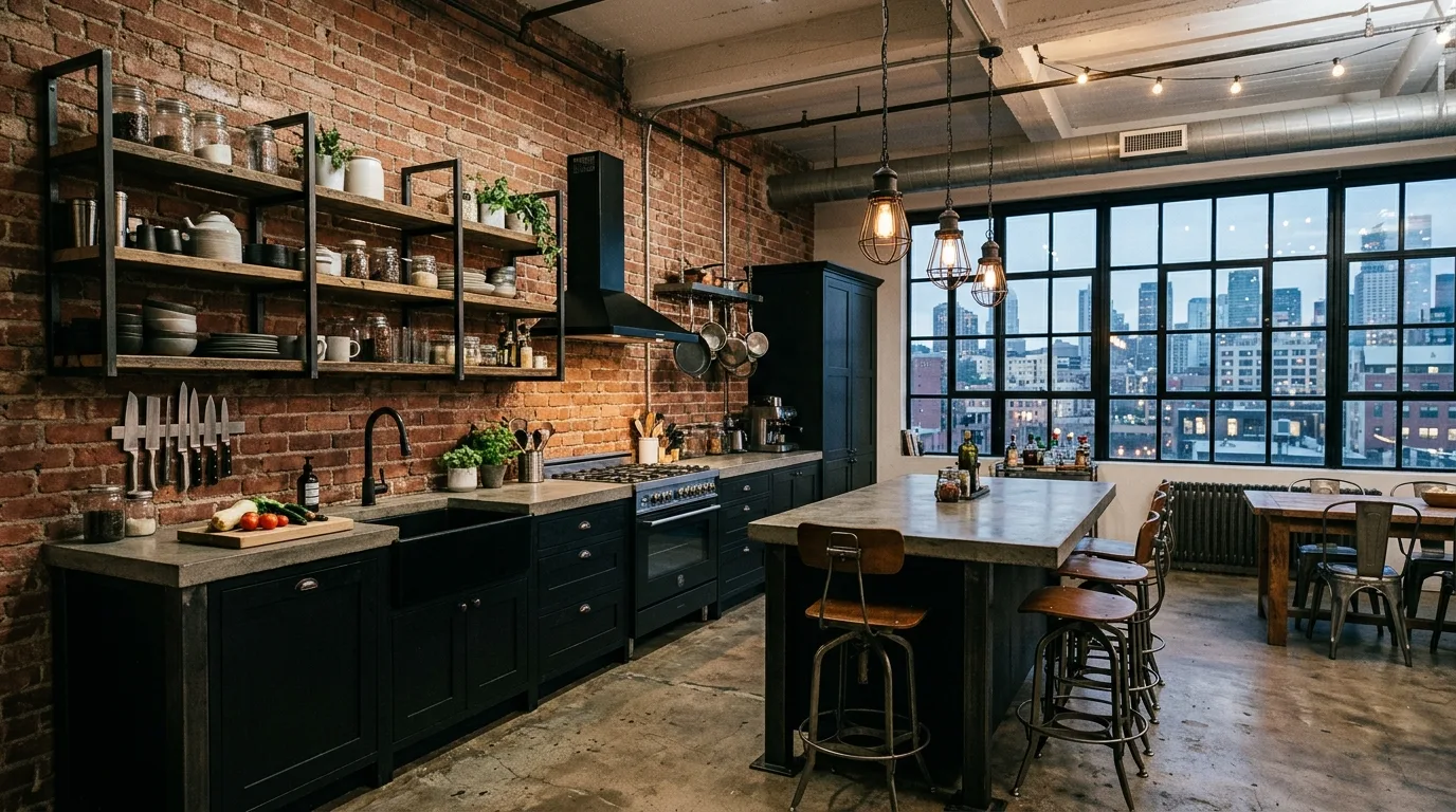 Industrial style kitchen with black cabinets, brick wall, and concrete countertops