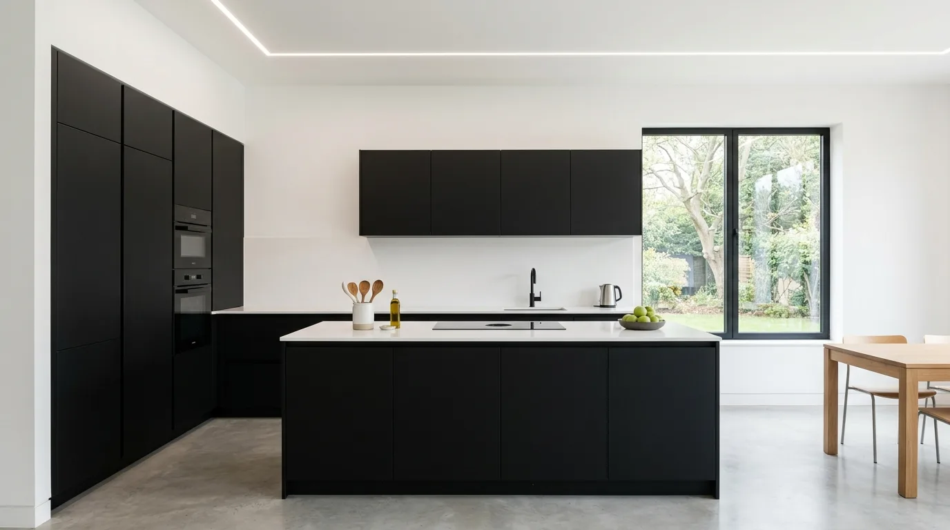 Minimalist kitchen with handleless black cabinets and integrated appliances