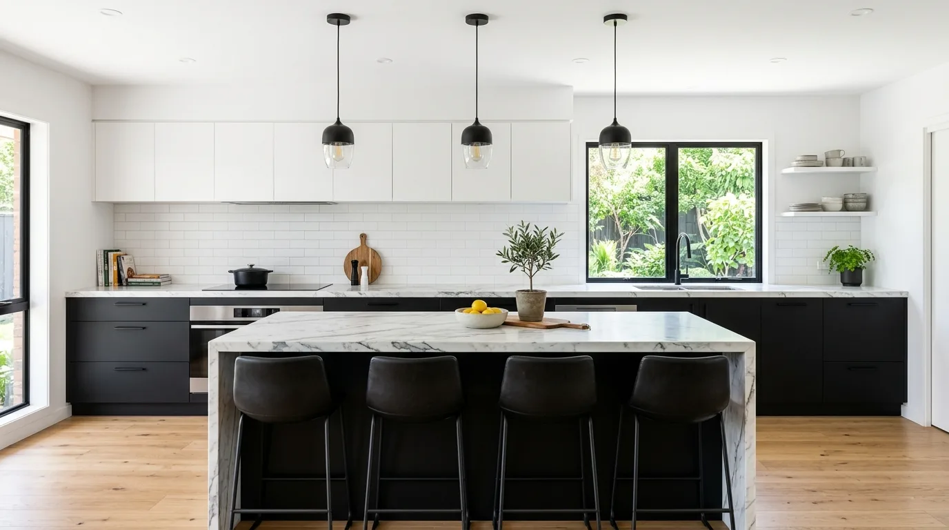 Contemporary kitchen with black lower cabinets and white upper cabinets