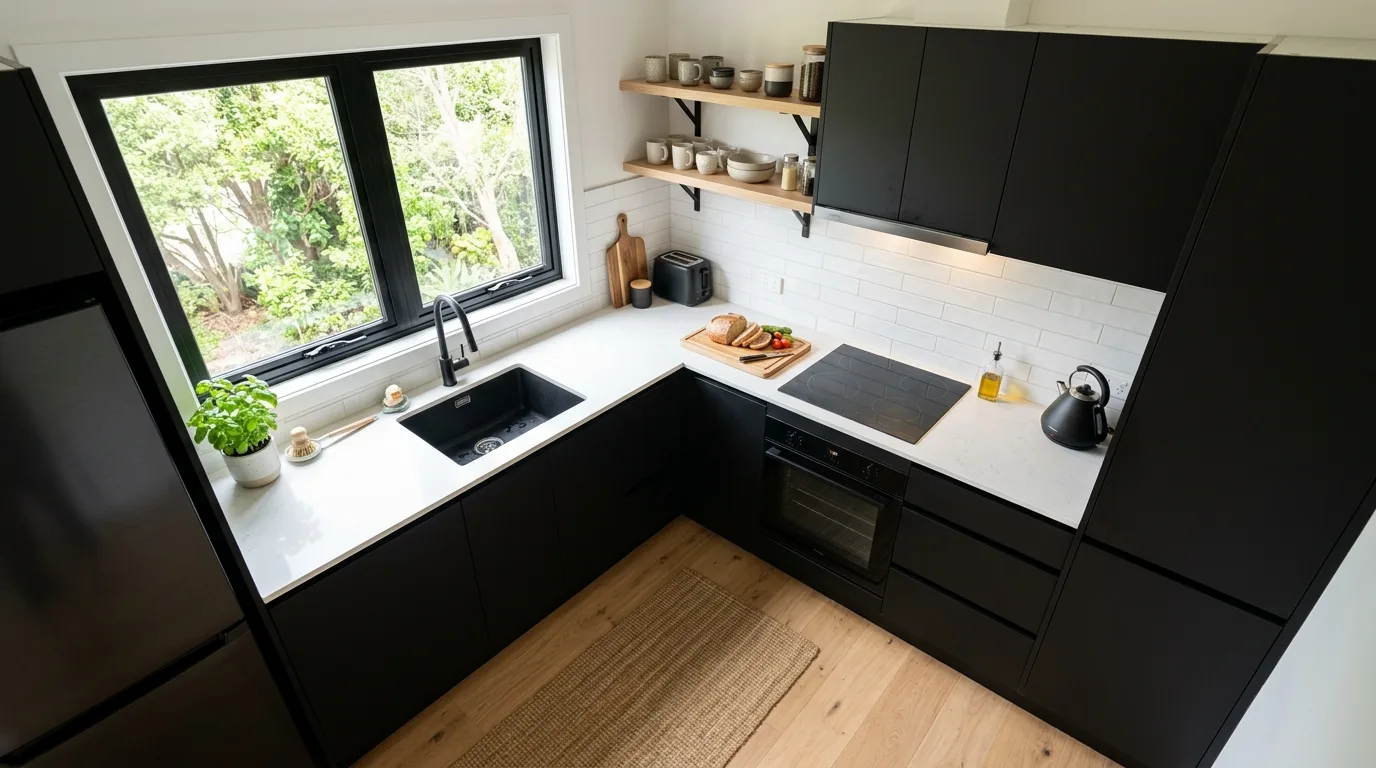Small modern kitchen with compact black cabinets and bright backsplash
