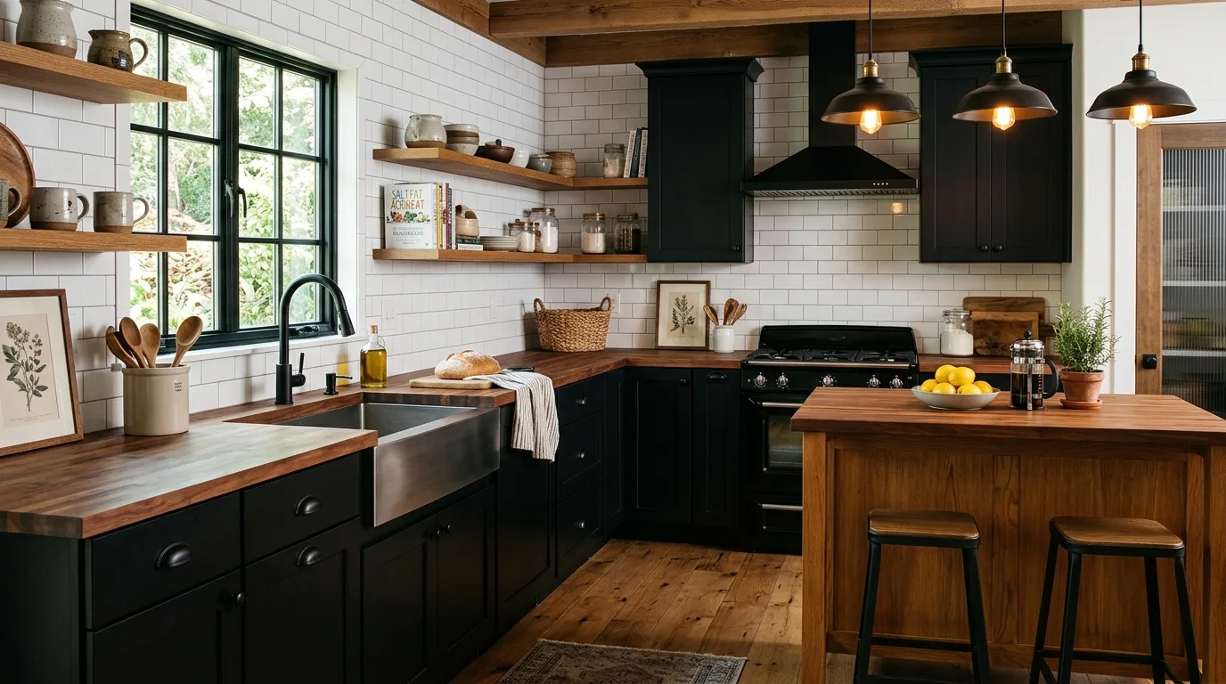 Farmhouse modern kitchen with black shaker cabinets, butcher block, and white subway tile
