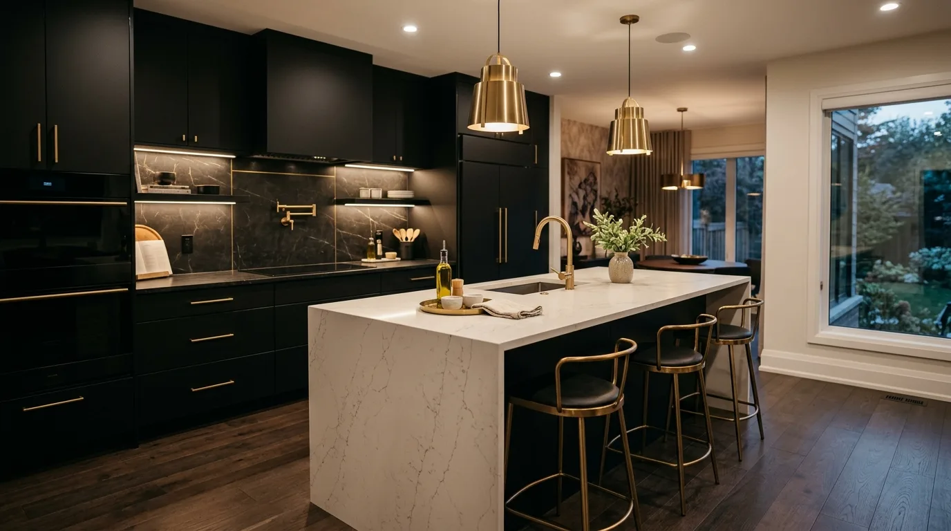 High end kitchen with matte black cabinets, brass fixtures, and LED lighting