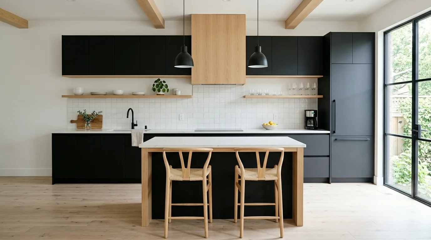 Scandinavian kitchen with black cabinets, oak accents, and white countertops