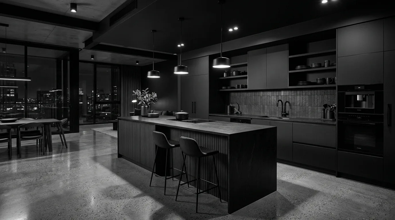 Monochrome kitchen with all black cabinets and dark backsplash