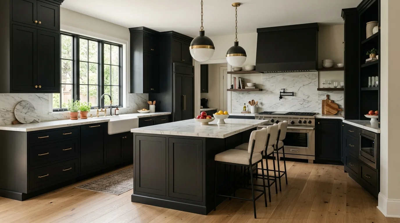 Transitional kitchen with black shaker cabinets, marble counters, and mixed metal hardware