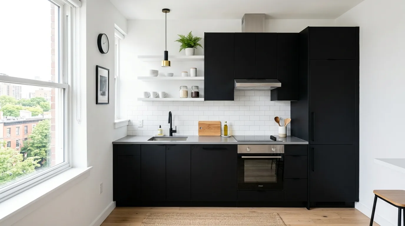Compact apartment kitchen with black cabinets, white walls, and clean modern layout