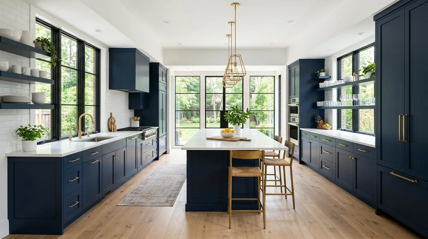 Modern kitchen with deep navy blue cabinets and white quartz countertops
