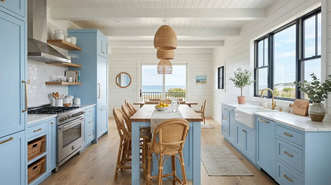 Coastal kitchen with soft sky blue cabinets, white shiplap walls, and light wood flooring