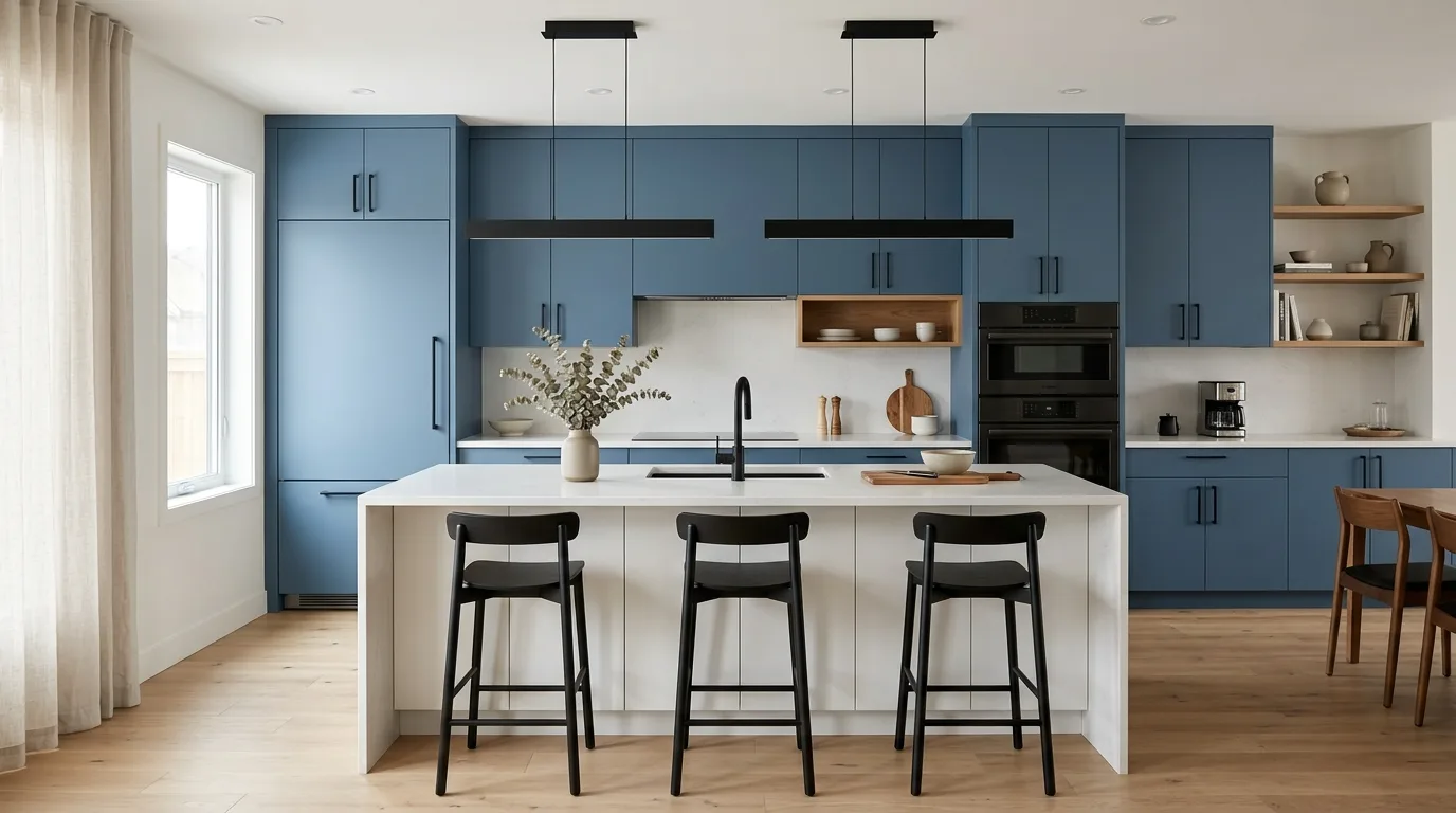 Contemporary kitchen with matte blue cabinets, black fixtures, and white island