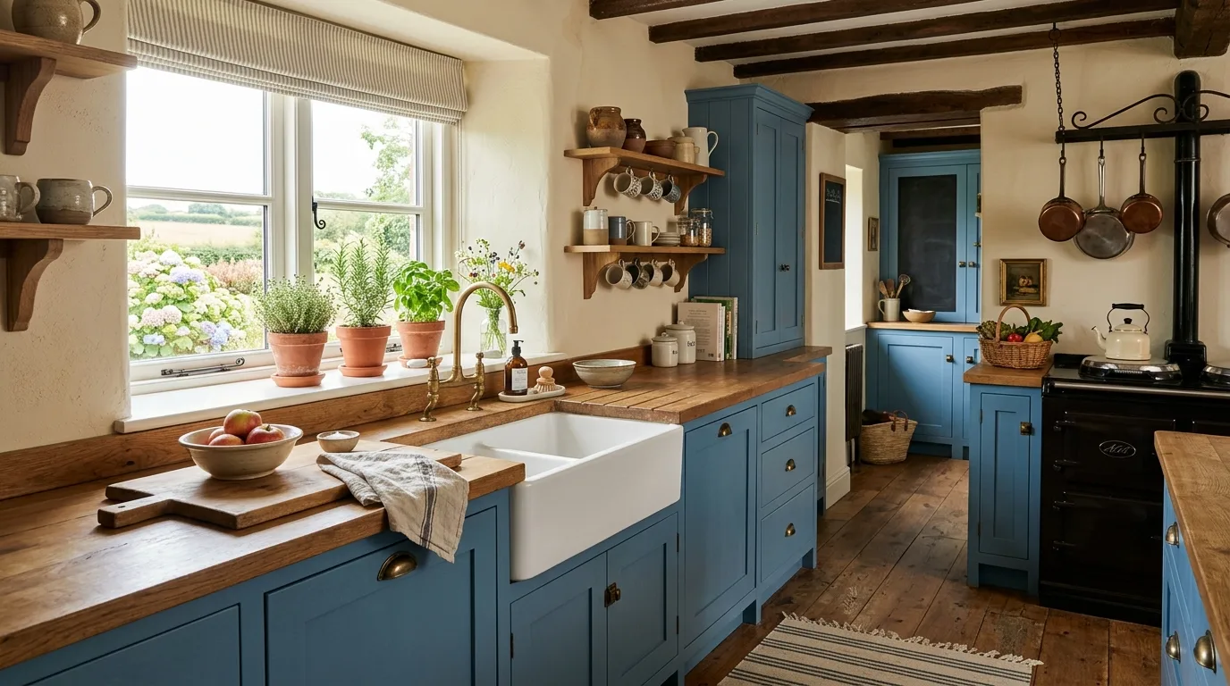Farmhouse kitchen with muted blue shaker cabinets and wooden countertops