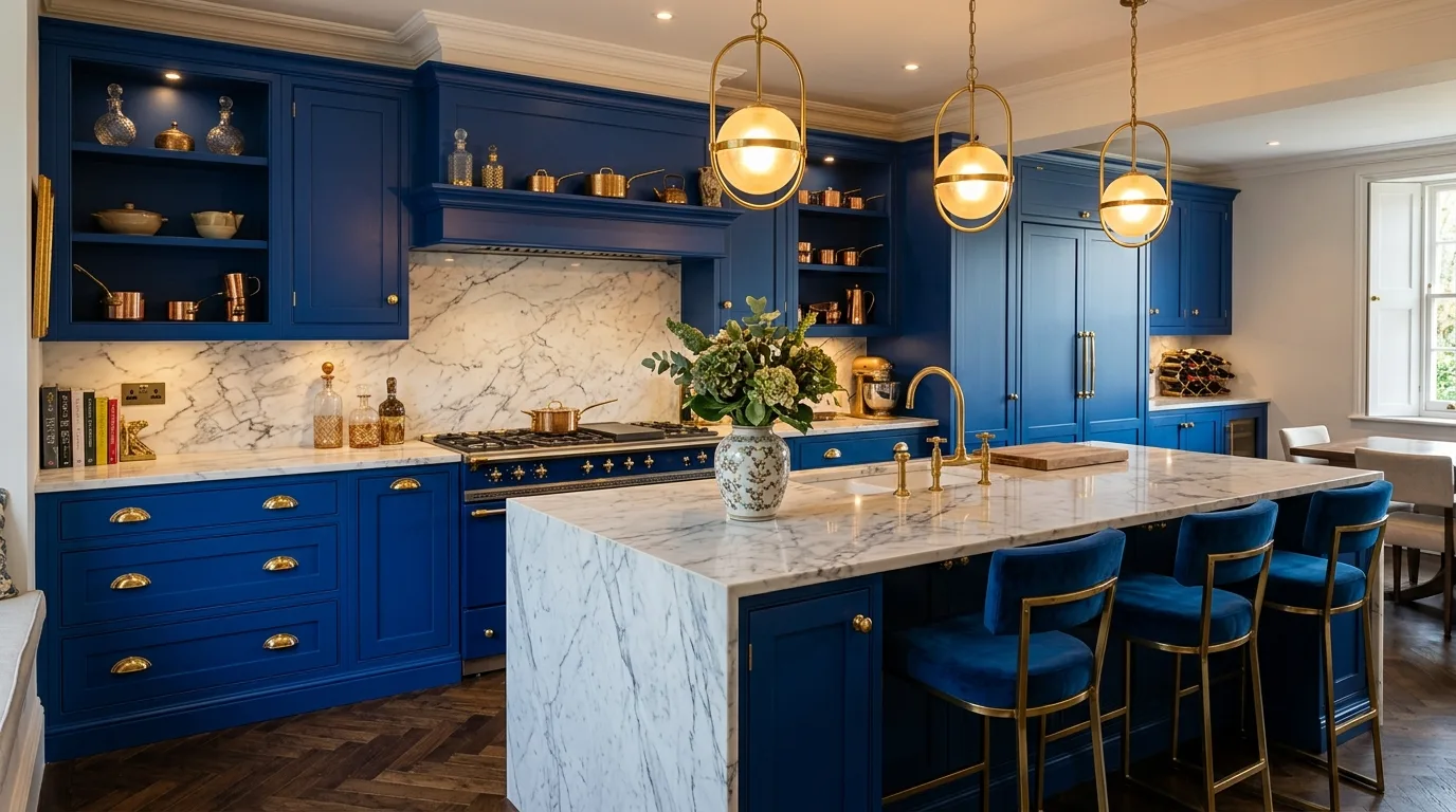 Luxury kitchen with royal blue cabinets, marble surfaces, and gold accents