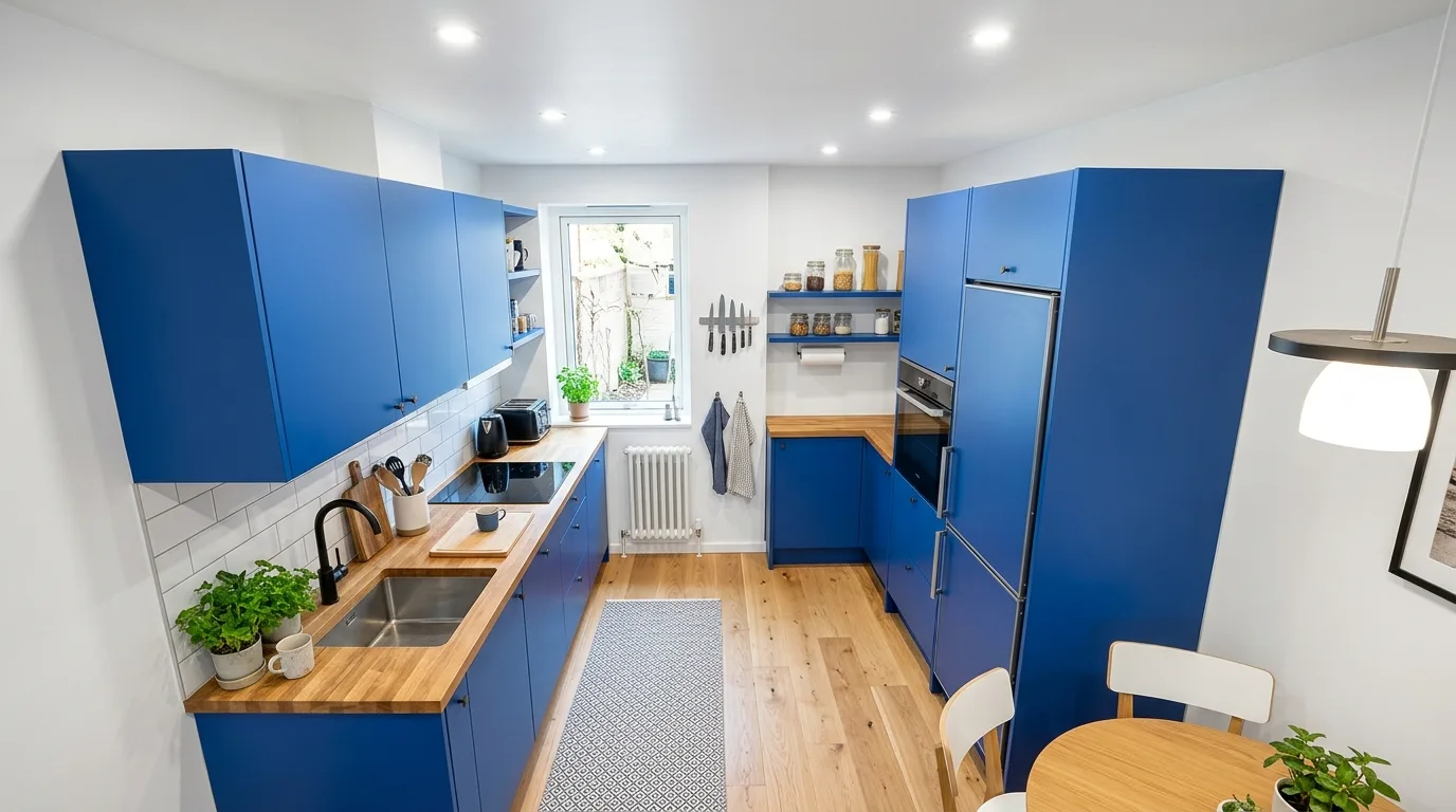 Small kitchen with compact blue cabinets and bright space saving layout