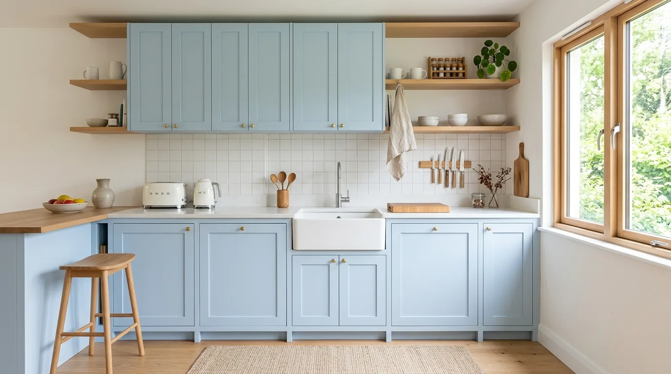 Scandinavian style kitchen with pastel blue cabinets and natural wood accents