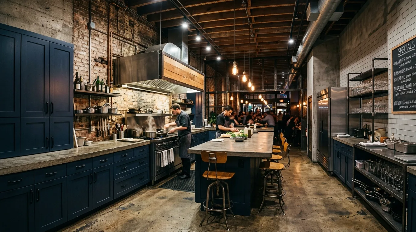 Industrial kitchen with dark blue cabinets, exposed brick, and concrete counters