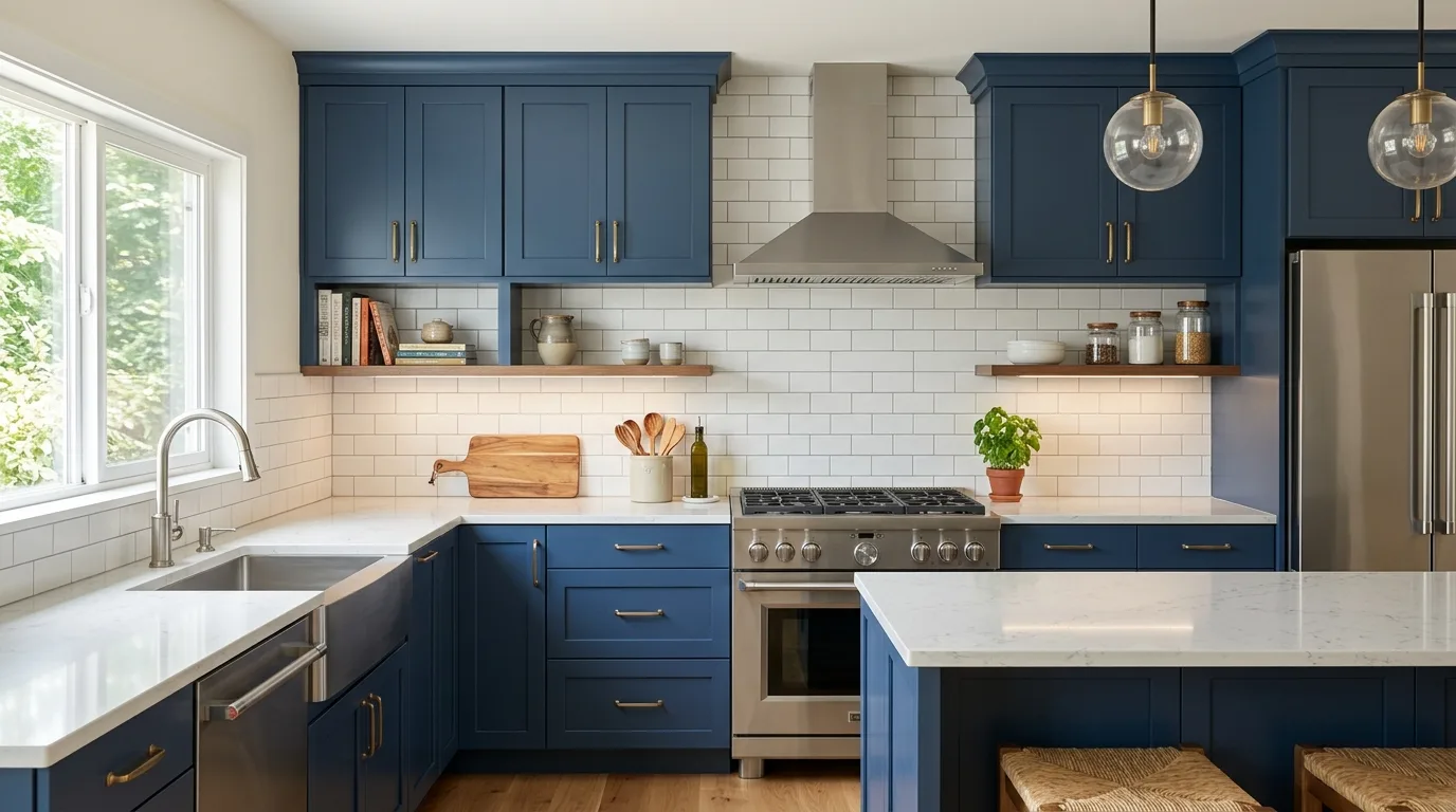 Transitional kitchen with blue shaker cabinets and white subway tile backsplash