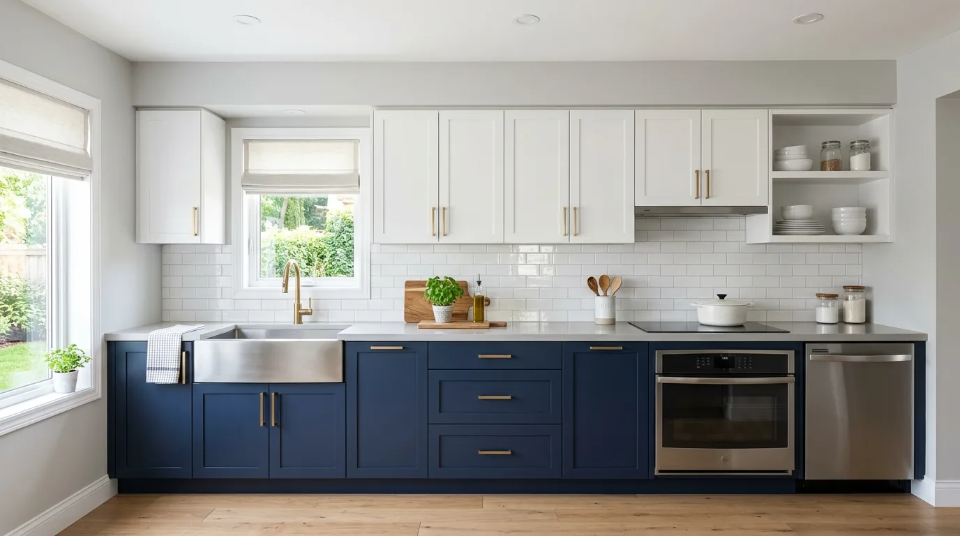 Two tone kitchen with blue lower cabinets and white upper cabinets