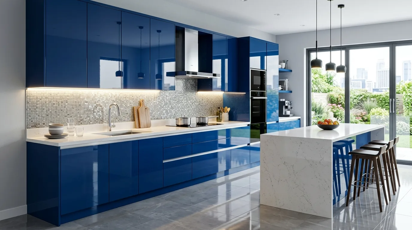 Glossy modern kitchen with high shine blue cabinets and LED lighting