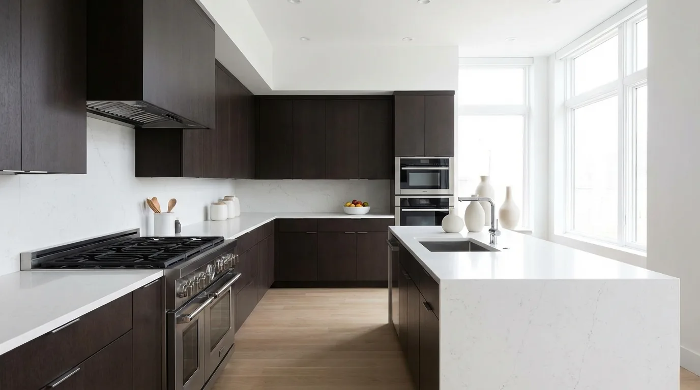 Modern kitchen with sleek dark brown cabinets and white quartz countertops