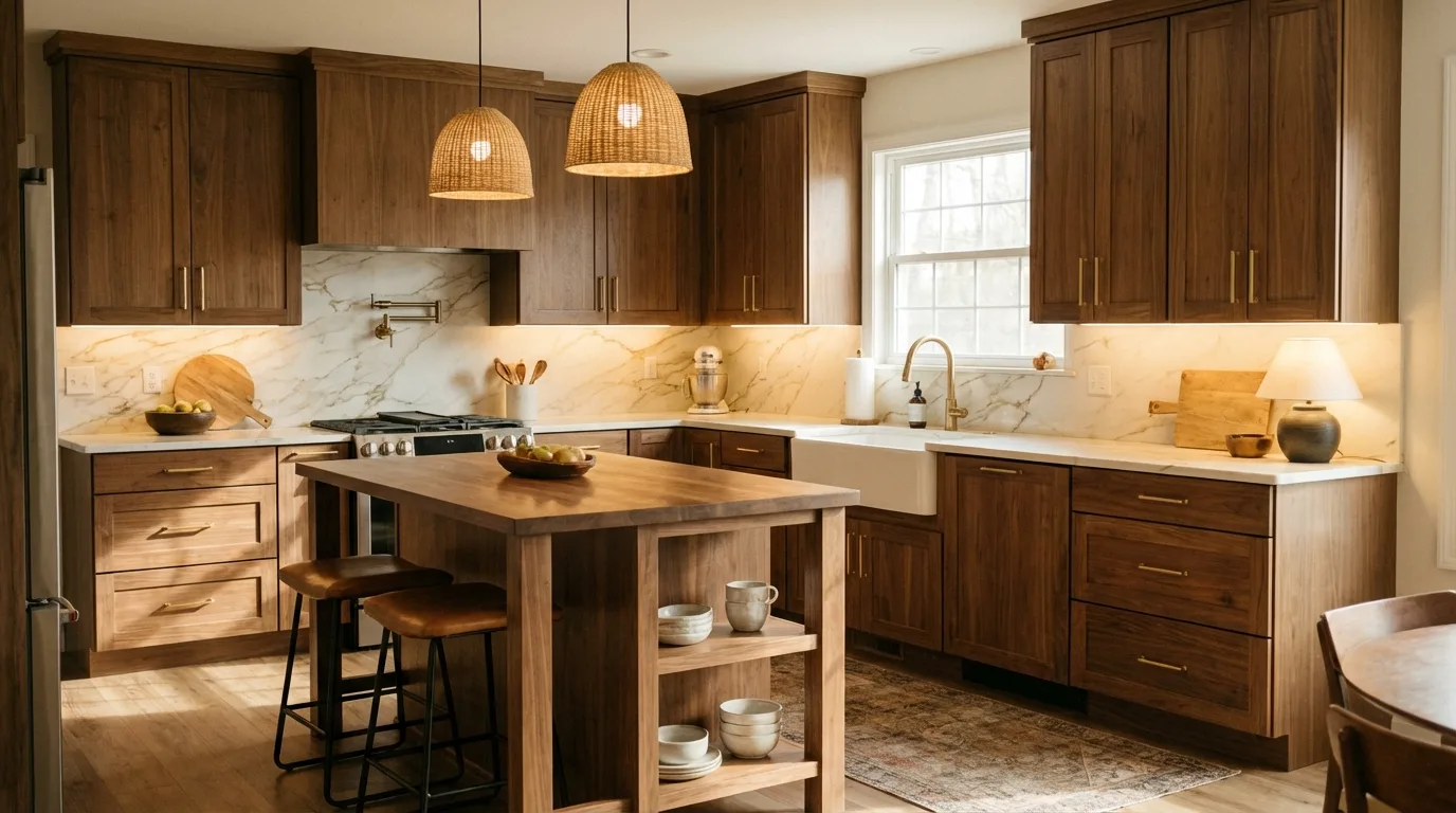 Warm toned kitchen with medium brown cabinets, marble backsplash, and gold hardware