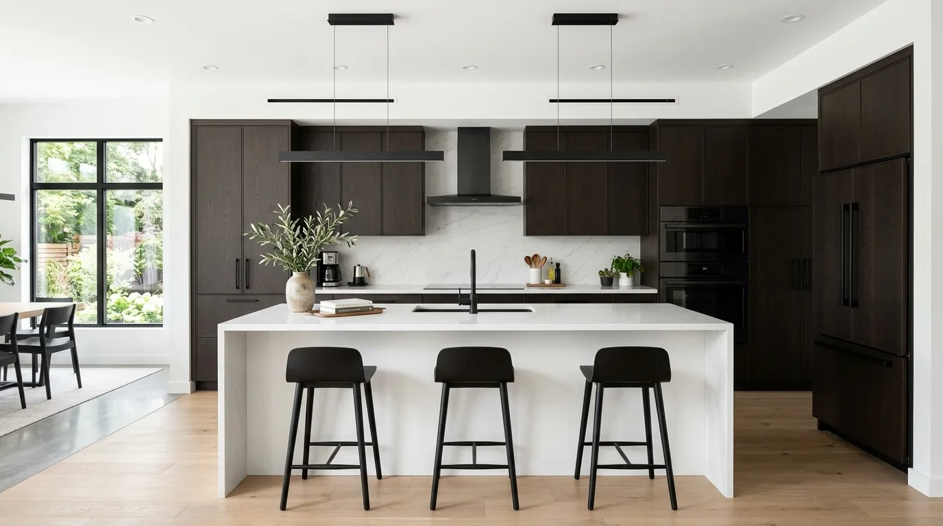 Contemporary kitchen with espresso brown cabinets, black fixtures, and white island