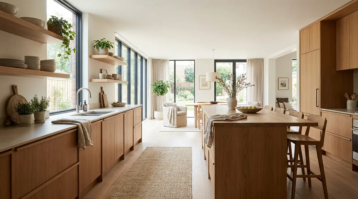 Open concept kitchen with light brown oak cabinets and open shelving