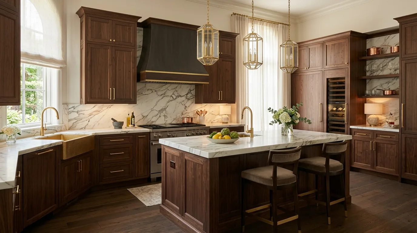 Luxury kitchen with dark walnut cabinets, marble counters, and gold accents