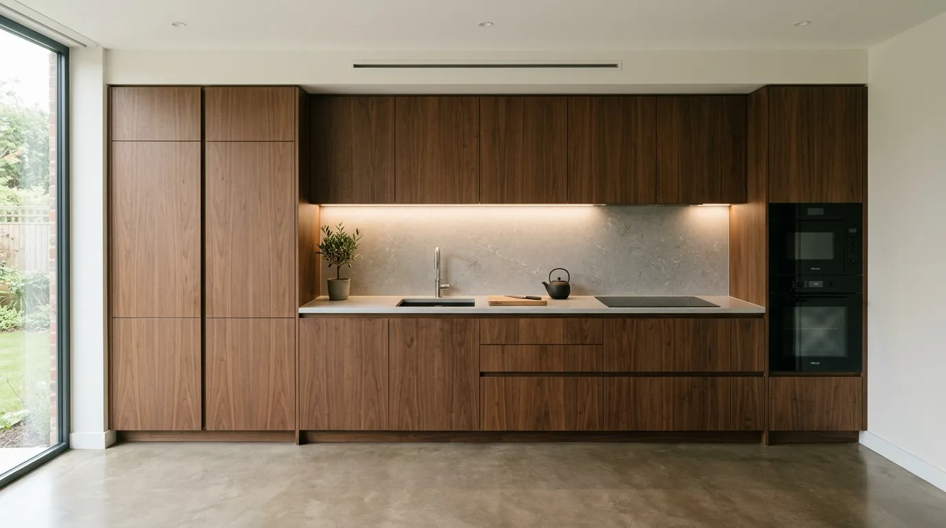 Minimalist kitchen with handleless brown cabinets and integrated appliances