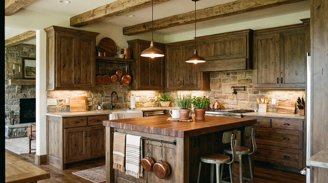 Rustic modern kitchen with distressed brown cabinets, beams, and stone backsplash