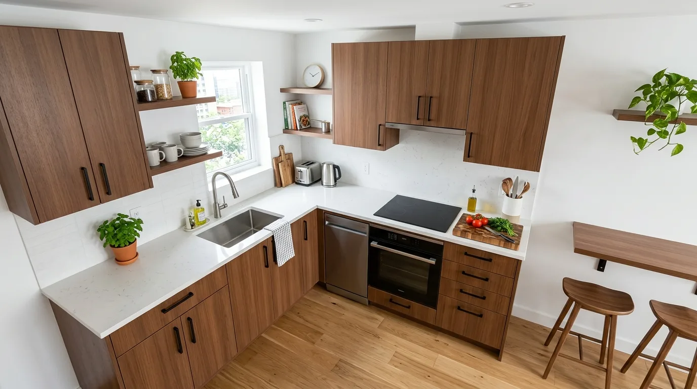 Small modern kitchen with compact brown cabinets and bright layout