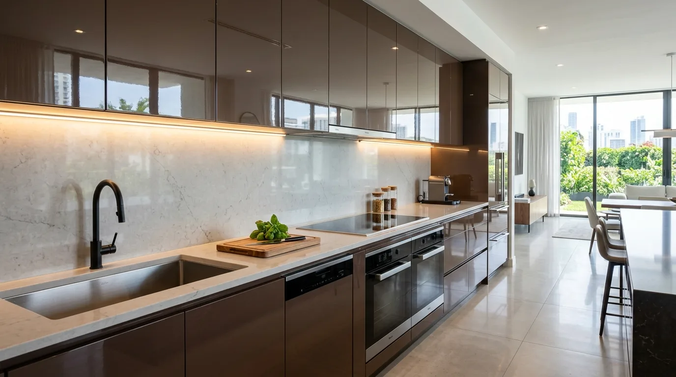 High end kitchen with glossy chocolate brown cabinets and LED lighting