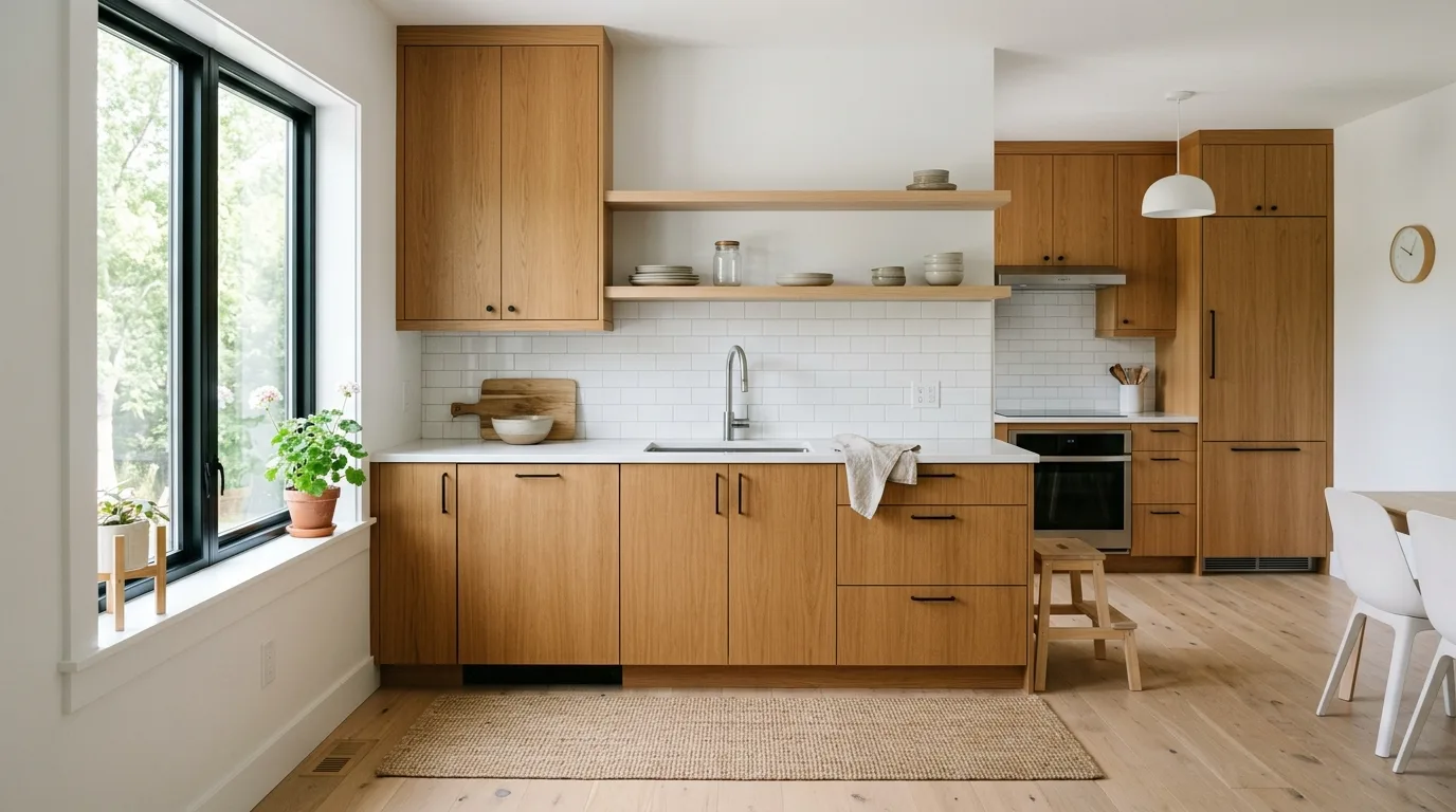 Scandinavian inspired kitchen with light brown cabinets and white accents